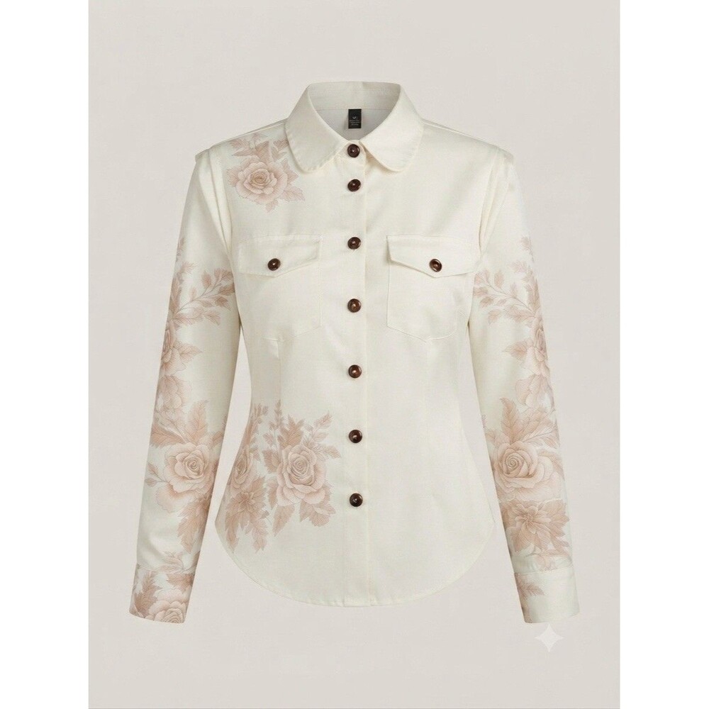 Women’s Floral Button Down Jacket Cream Beige Roses Long Sleeve Size XXL